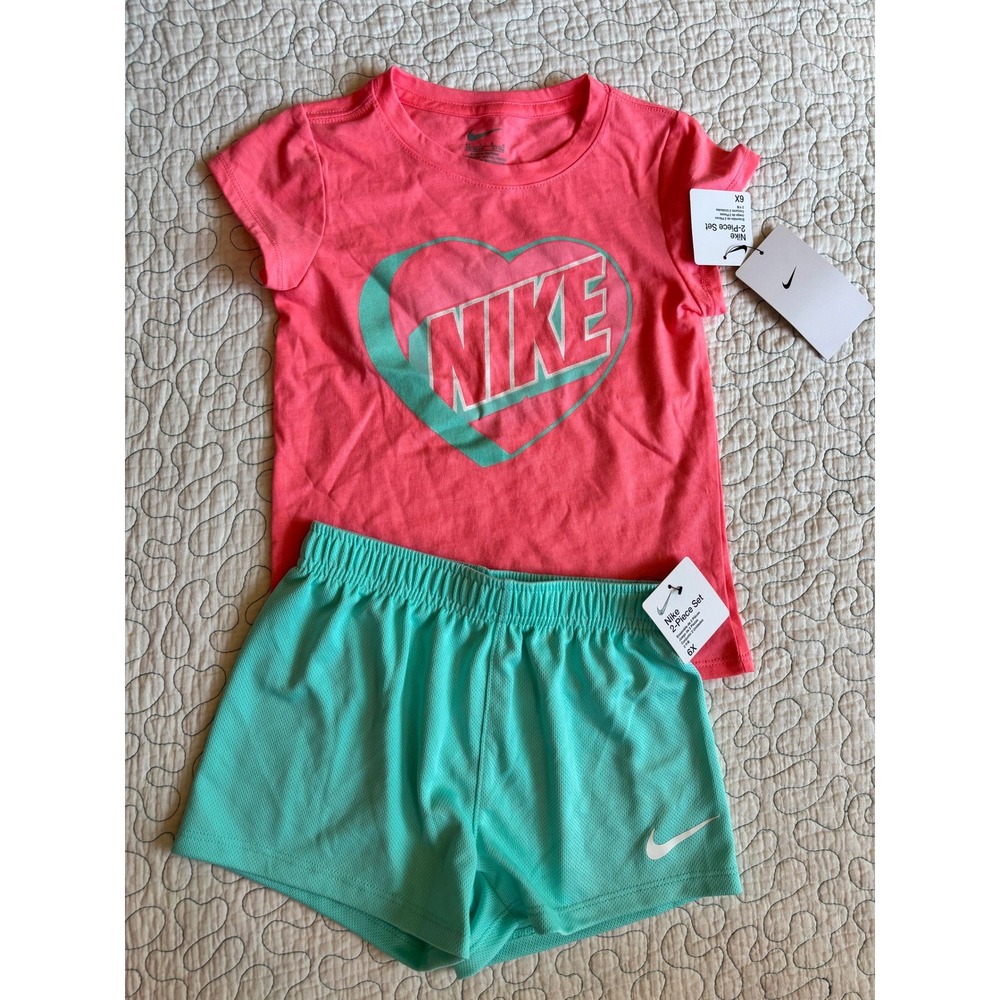 Nike Girls 2-Piece Set Pink Heart Graphic Tee Teal Mesh Shorts Size 6X